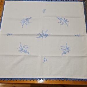 Vintage 70s White Cotton Tablecloth with Blue Embroidery and Crochet Hem